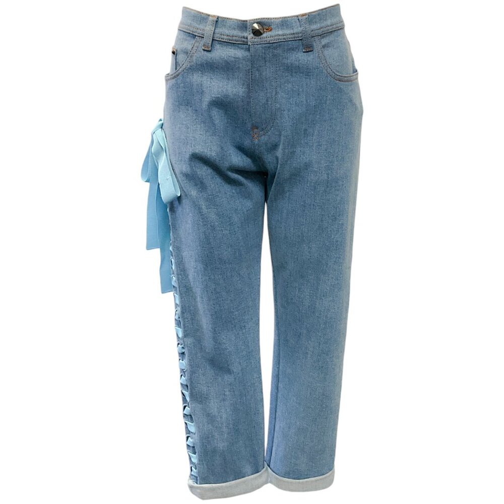 Fendi Cropped Cuffed Jeans with Side Laced Ribbon Detail
